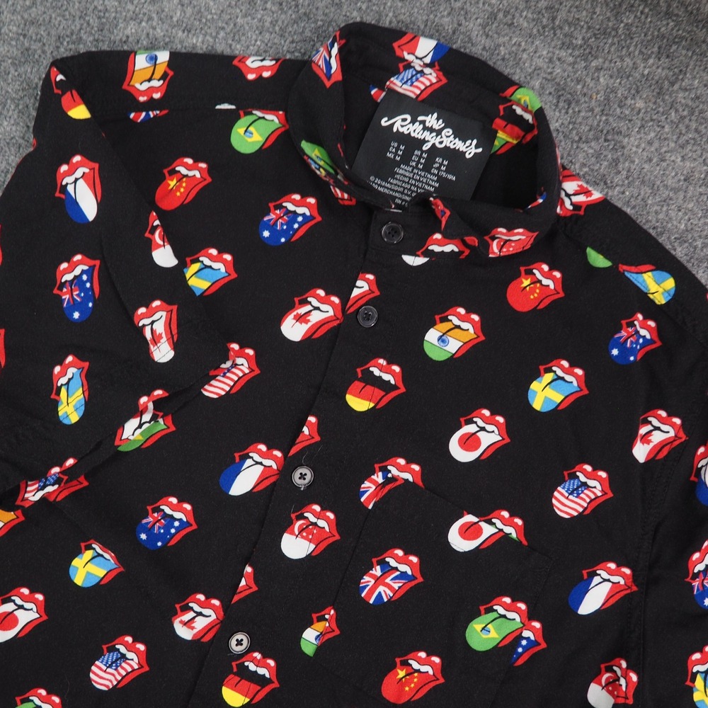 The Rolling Stones Shirt Mens Med Black Flag Tongue Logo Button Up Rock Band Tee